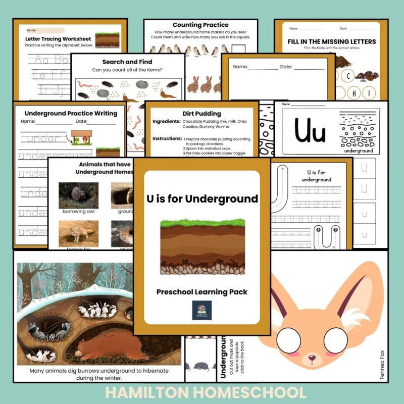 U is for Underground Preschool Kindergarten Activity Sheets