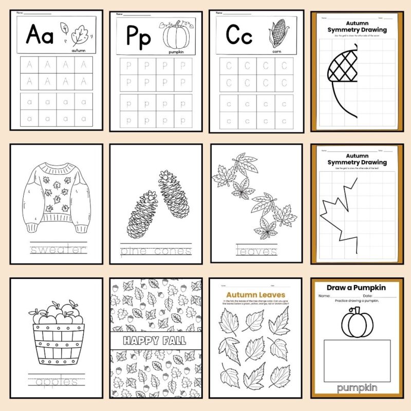 Autumn Preschool Activity Sheets Bundle Fall Pre-K Kindergarten Worksheets - Image 5