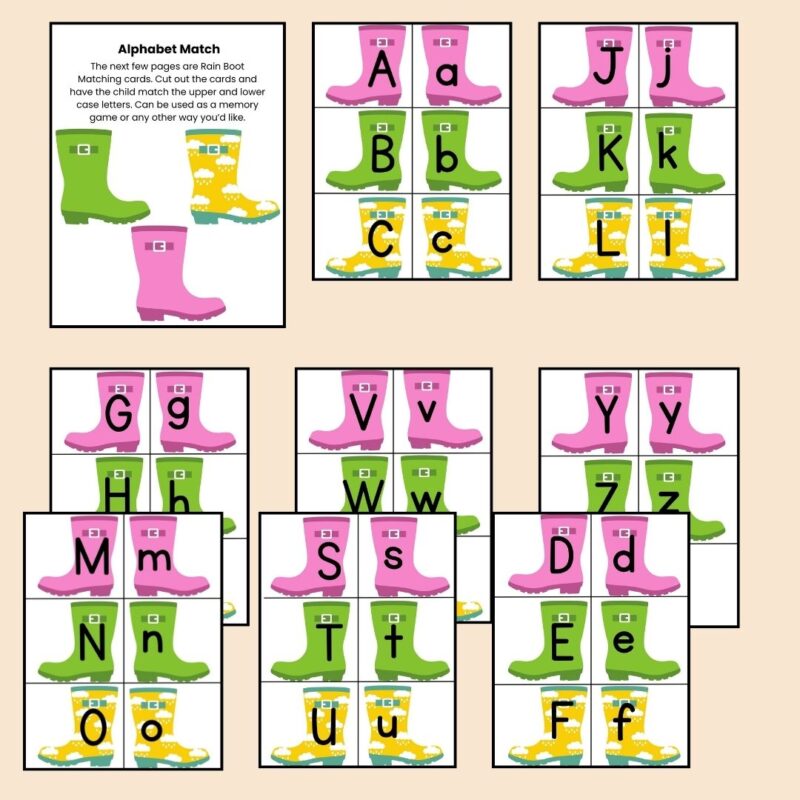 Rain Boot Alphabet Match Game Preschool Kindergarten ABC Matching Cards Activity Spring - Image 2