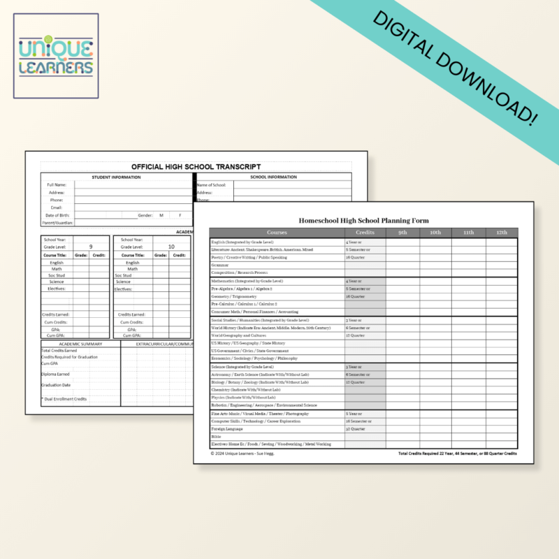 Homeschool High School Transcript Digital Download