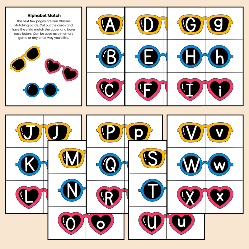 Summer Sunglasses Alphabet Matching Activity Cards Preschool Kindergarten Match Game ABC Sunglass - Image 2