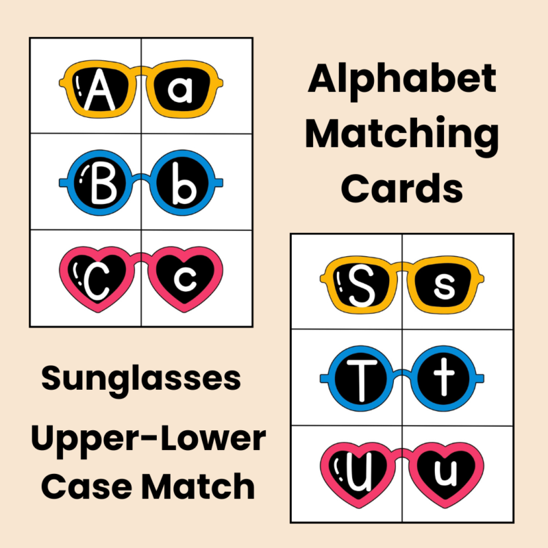 Summer Sunglasses Alphabet Matching Activity Cards Preschool Kindergarten Match Game ABC Sunglass