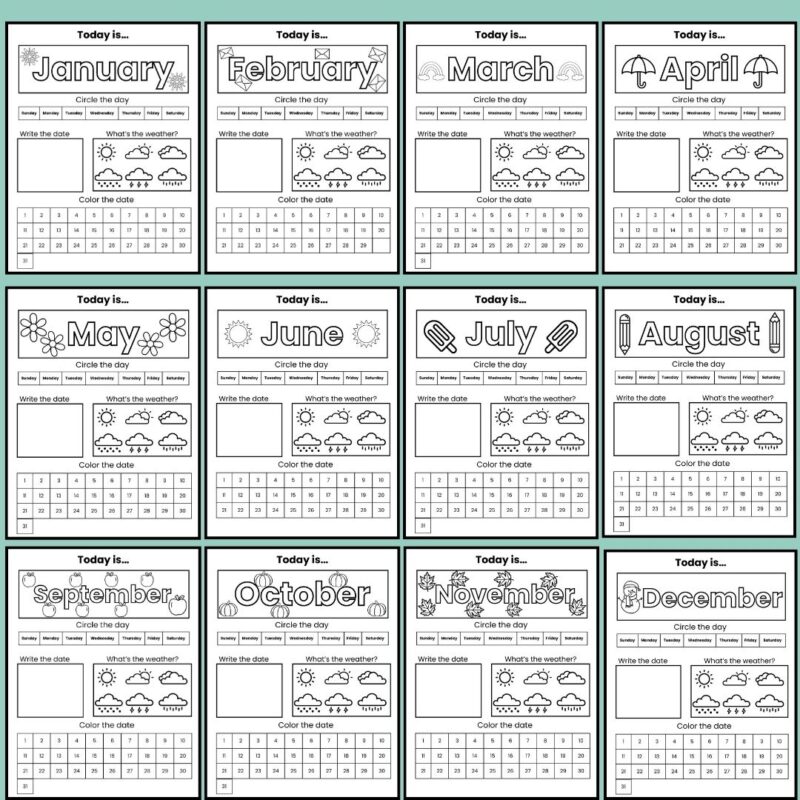 Printable Kindergarten Daily Calendar Worksheets Preschool Daily Work Coloring Page 12 Month Date - Image 2