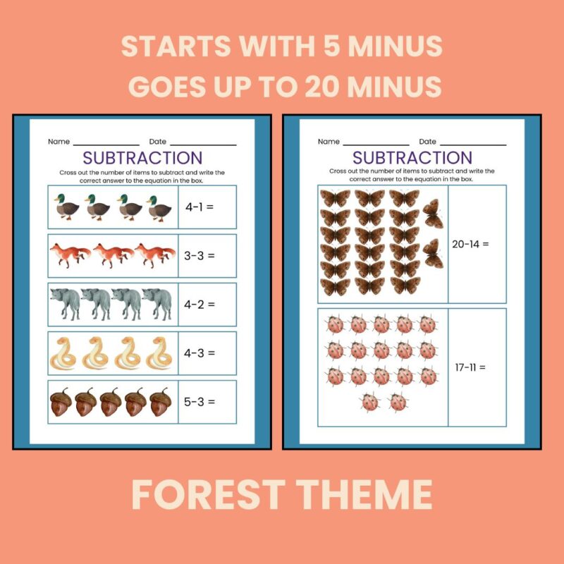 Forest Theme Kindergarten Subtraction Workbook - Image 3