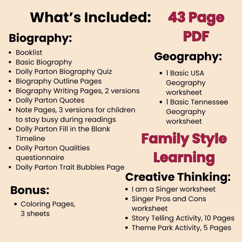 Dolly Parton Biography Unit Family Style Learning Printable Biographical Study Social Studies - Image 2