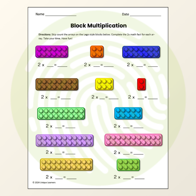 Multiplication X2 Table Unit Study Worksheet Example 01