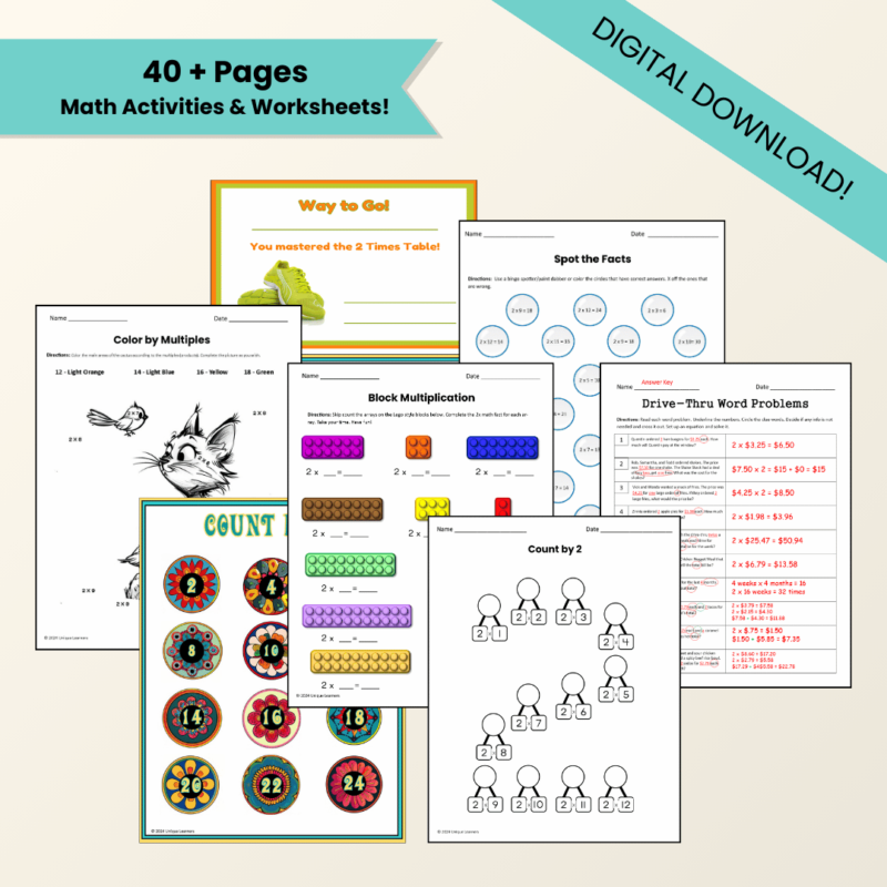 Multiplication X2 Table Worksheets Digital Download