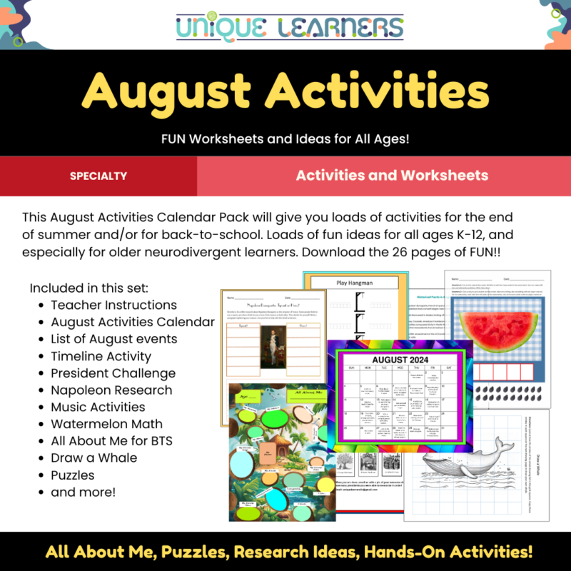 August Calendar Activities Pack