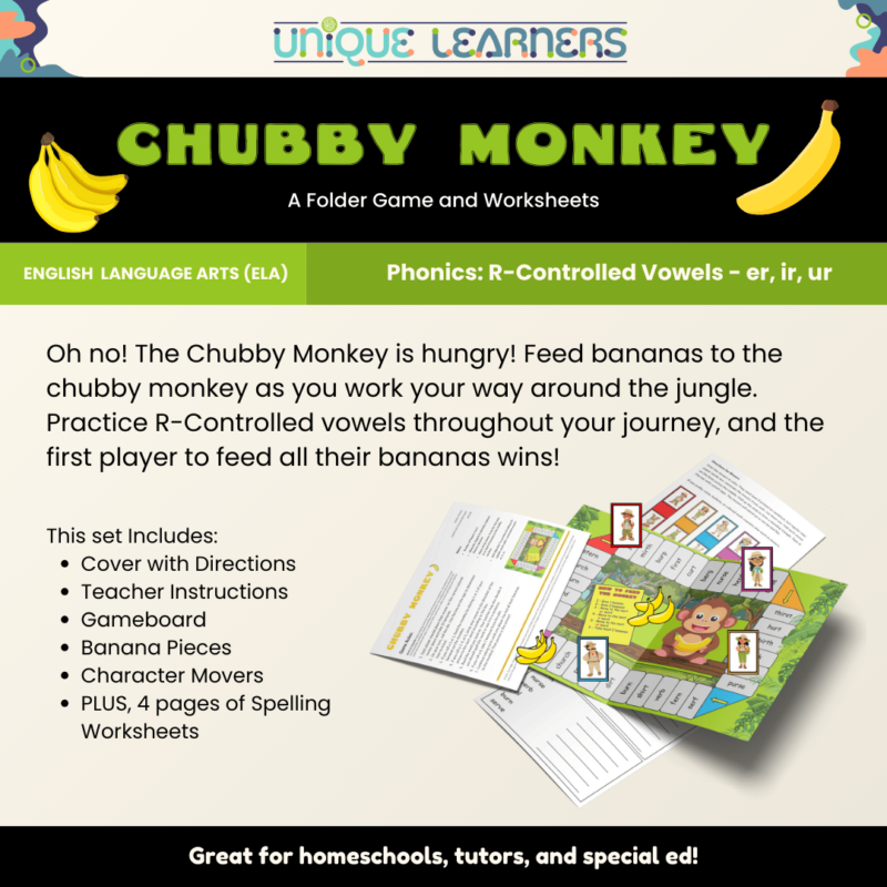 Chubby Monkey | R-controlled Vowels er, ir, ur Folder Game and Spelling Worksheets - Image 2