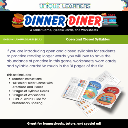 Open and Closed Syllables Folder Game and Worksheets - Dinner Diner Description