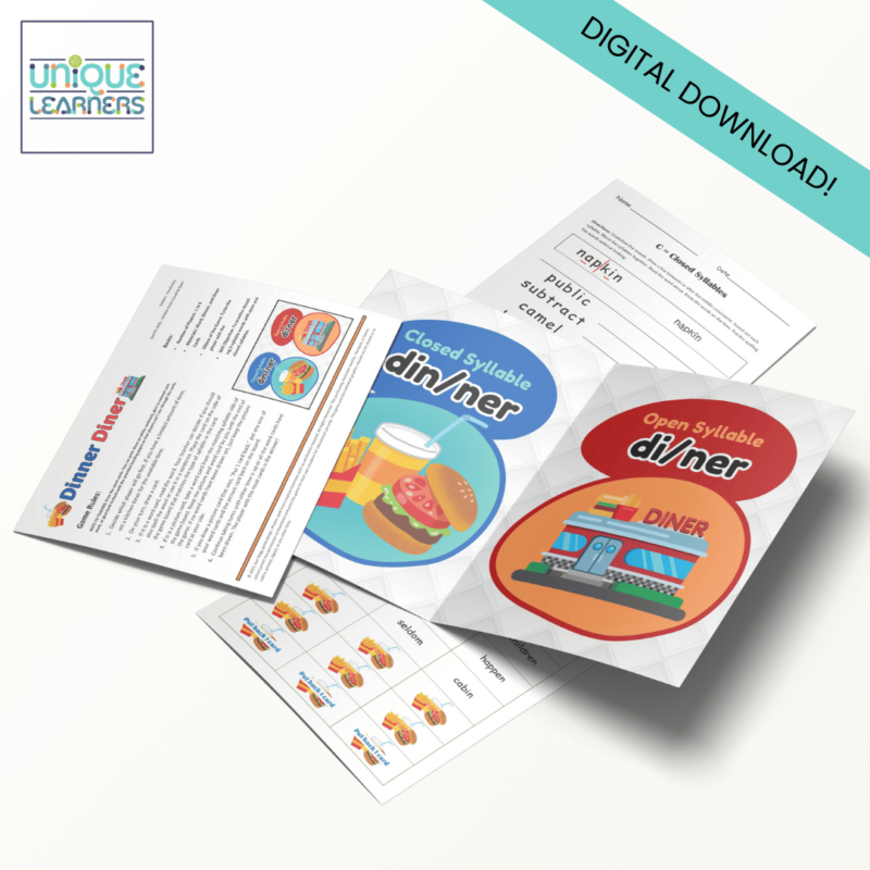 Open and Closed Syllables Folder Game and Worksheets - Dinner Diner Digital Download