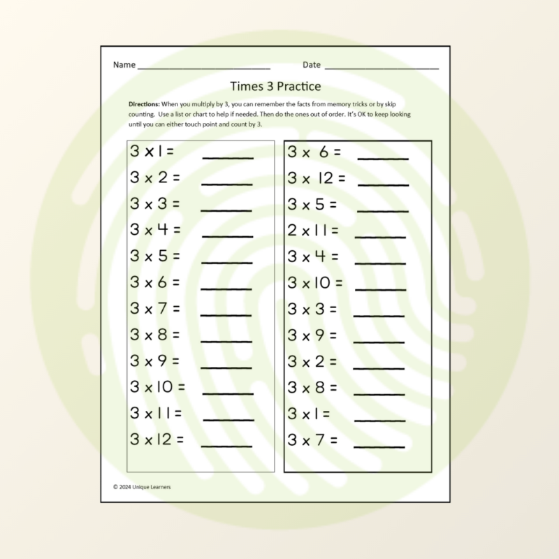 Multiplication X3 Unit Study Math Worksheets & Activities Example 01