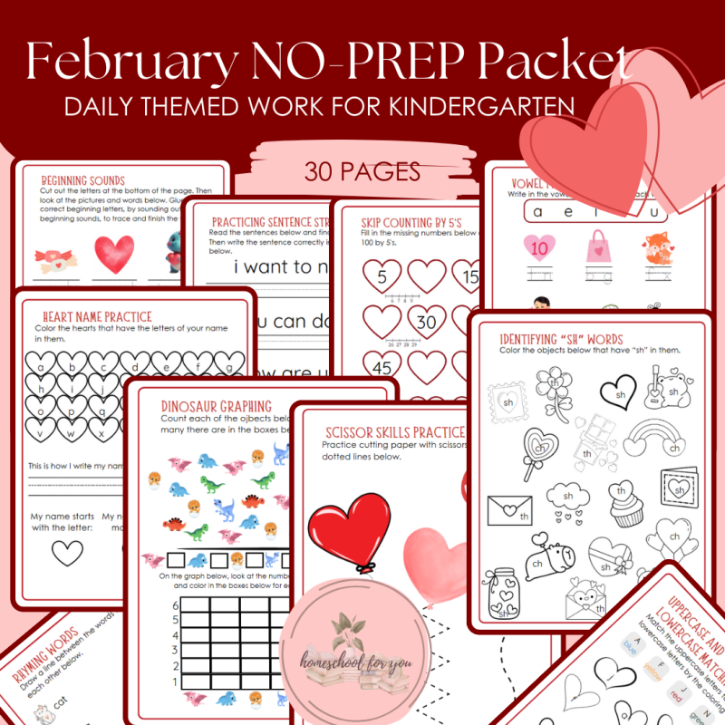 February LOW PREP Printables Packet for Kindergarten - Daily Themed Work