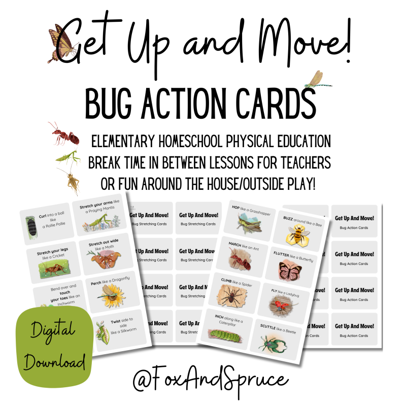 Fitness Movement Cards for Kids- Bug Themed- Morning Basket Ideas-Brain Break Activities