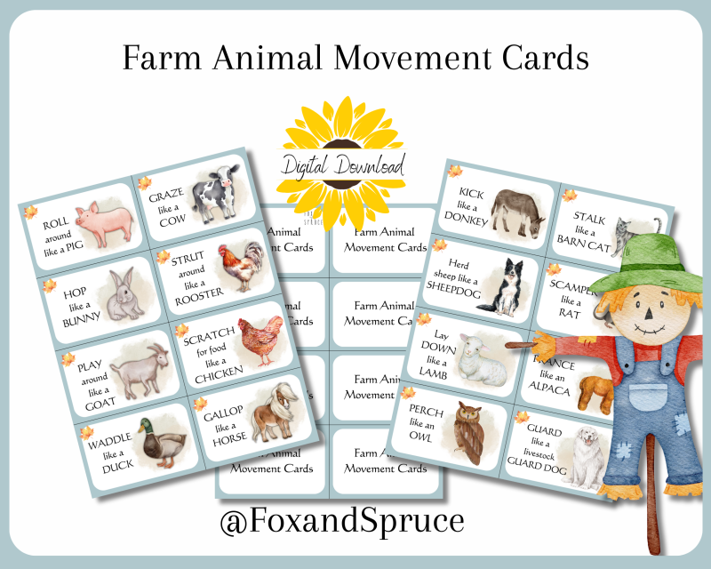 Farm Animal Movement Cards, Brain Breaks, Physical Education Kids, Action Cards