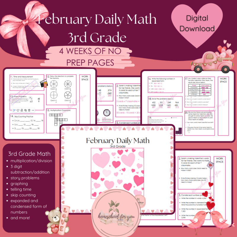 February Daily Math for 3rd Grade - Third Grade Daily Math Packet - February/Valentine's Day Themed