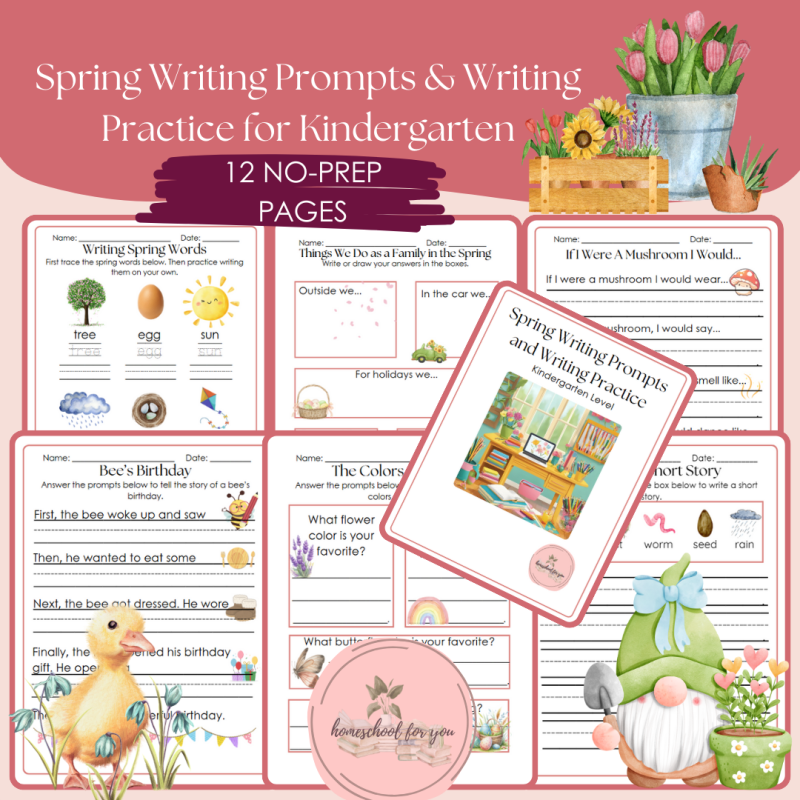 Spring Writing Prompts and Writing Practice for Kindergarten - NO PREP Writing Worksheets for Kinder