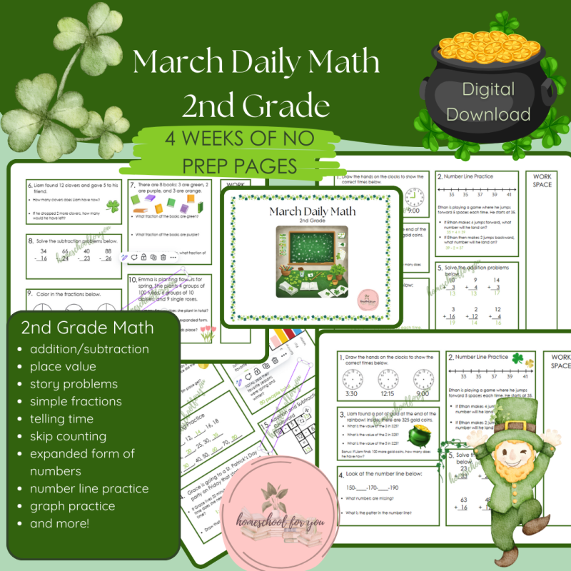 March Daily Math for 2nd Grade - Second Grade Daily Math Packet - March/St. Patrick's Day Themed