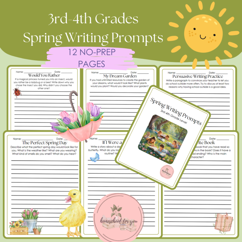 Spring Writing Prompts for 3rd and 4th Grades - NO PREP Writing Worksheets