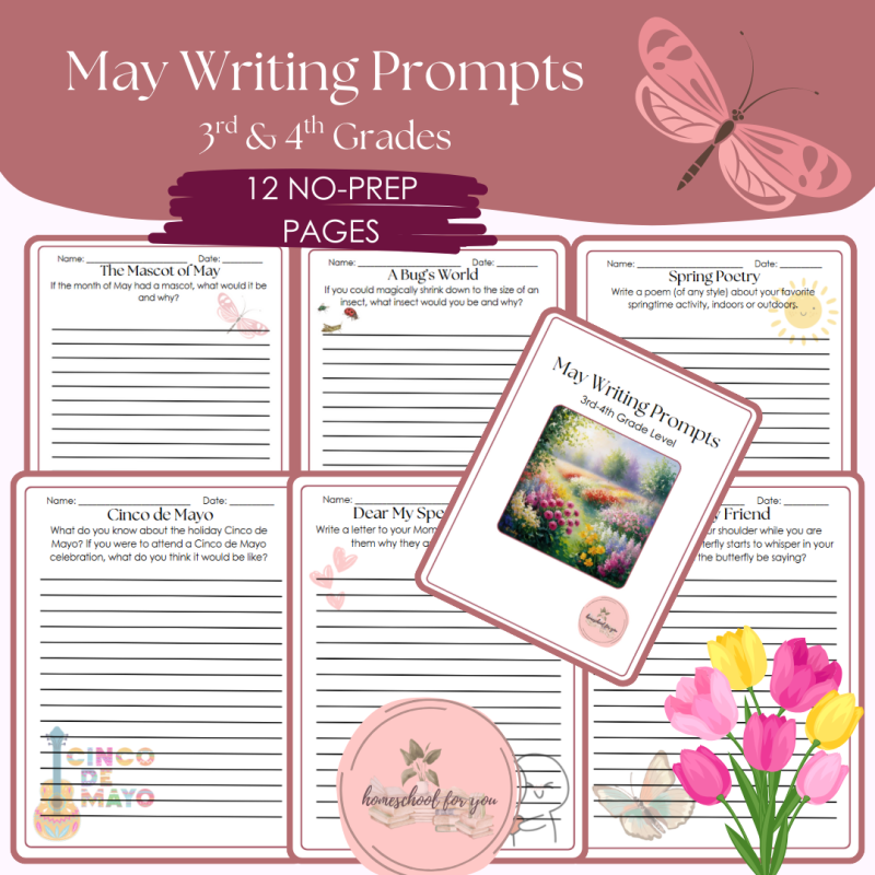 May Writing Prompts for 3rd and 4th Grades - NO PREP Writing Worksheets for Third and Fourth Grades