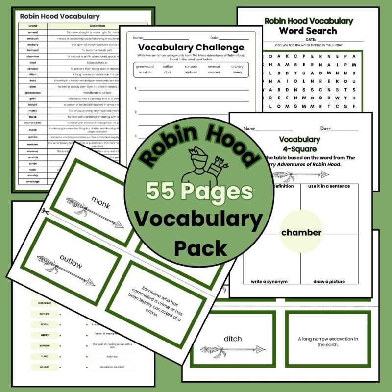 The Merry Adventures of Robin Hood Vocabulary Pack Worksheets and Flash Cards