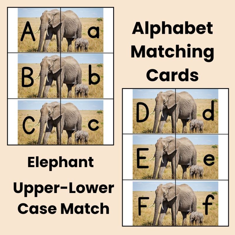 Elephant Alphabet Match Game Upper and Lower case Matching cards