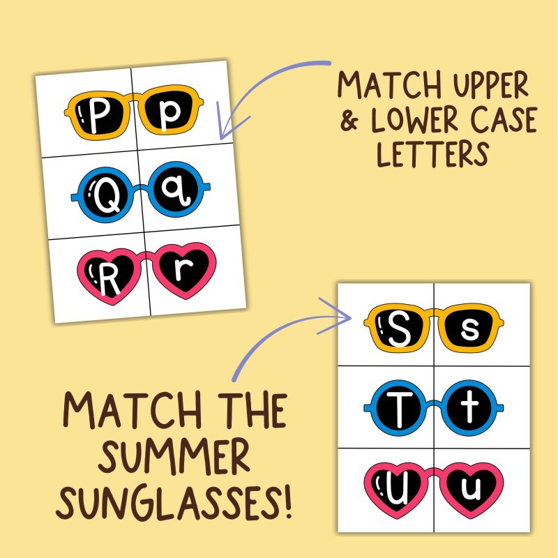 Summer Sunglasses Alphabet Matching Activity Cards Preschool Kindergarten Match Game ABC Sunglass - Image 3