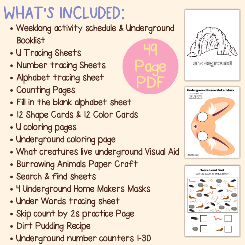 U is for Underground Preschool Kindergarten Activity Sheets - Image 4