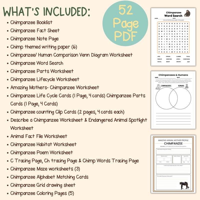 Chimpanzee Nature Study Family Unit Multi Subject Worksheets and Note Pages - Image 4