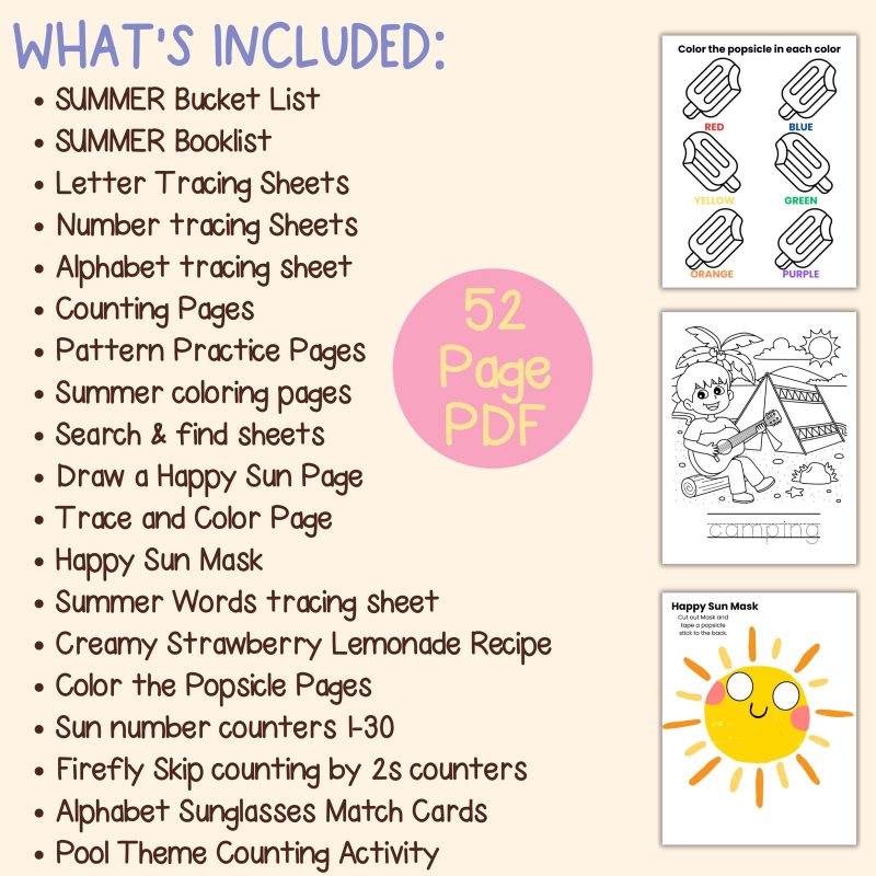 Summer Preschool Activity Sheets Bundle Pre k Kindergarten Worksheets Summer Theme Bucket List - Image 4