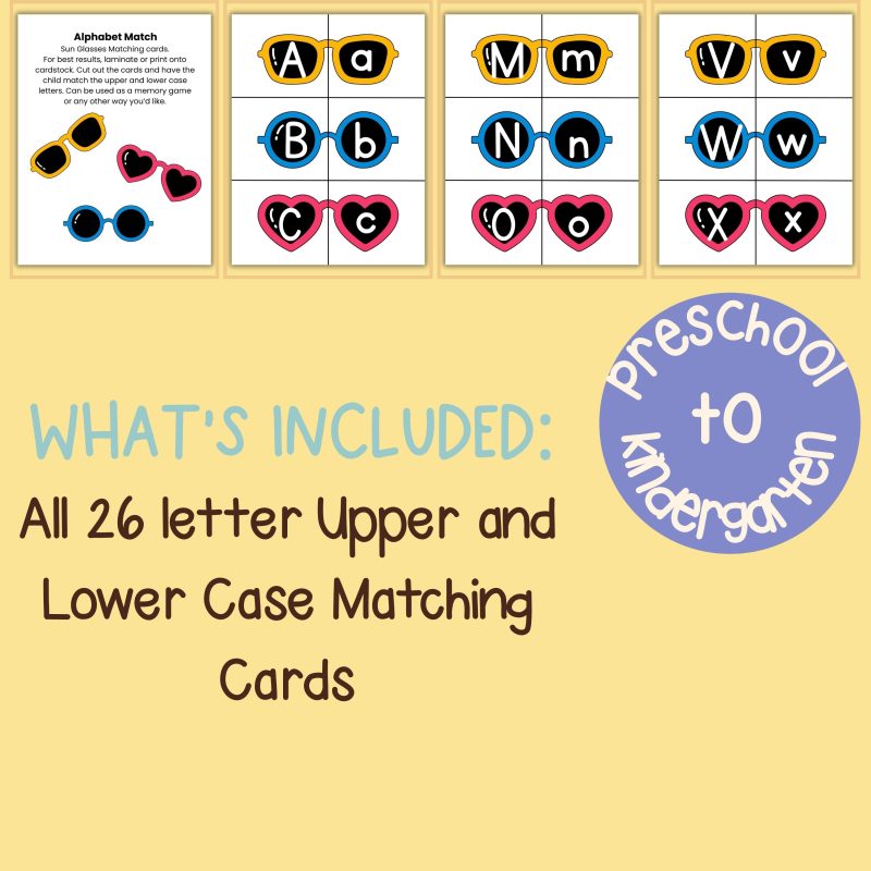 Summer Sunglasses Alphabet Matching Activity Cards Preschool Kindergarten Match Game ABC Sunglass - Image 4