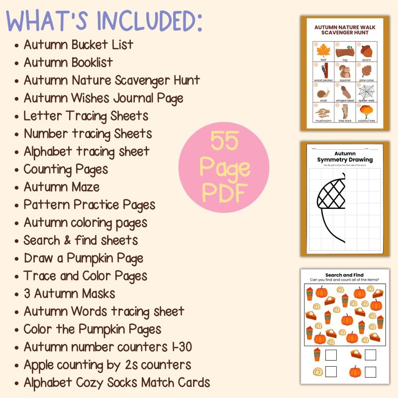 Autumn Preschool Activity Sheets Bundle Fall Pre-K Kindergarten Worksheets - Image 4