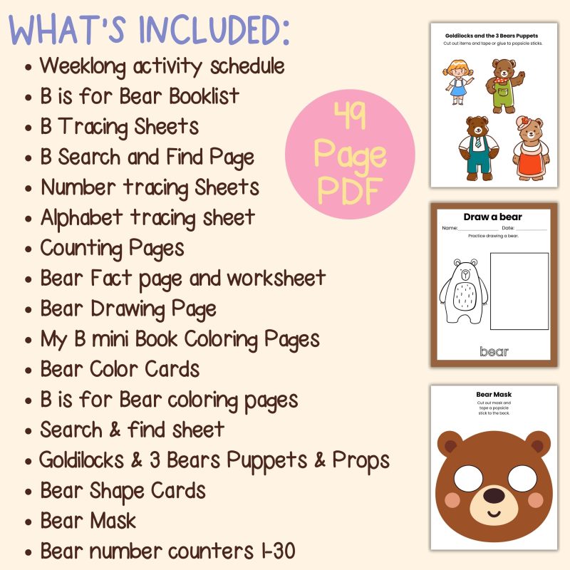 B is for Bear Preschool Activity Pack Goldilocks and the Three Bears Letter B Week Lessons - Image 4