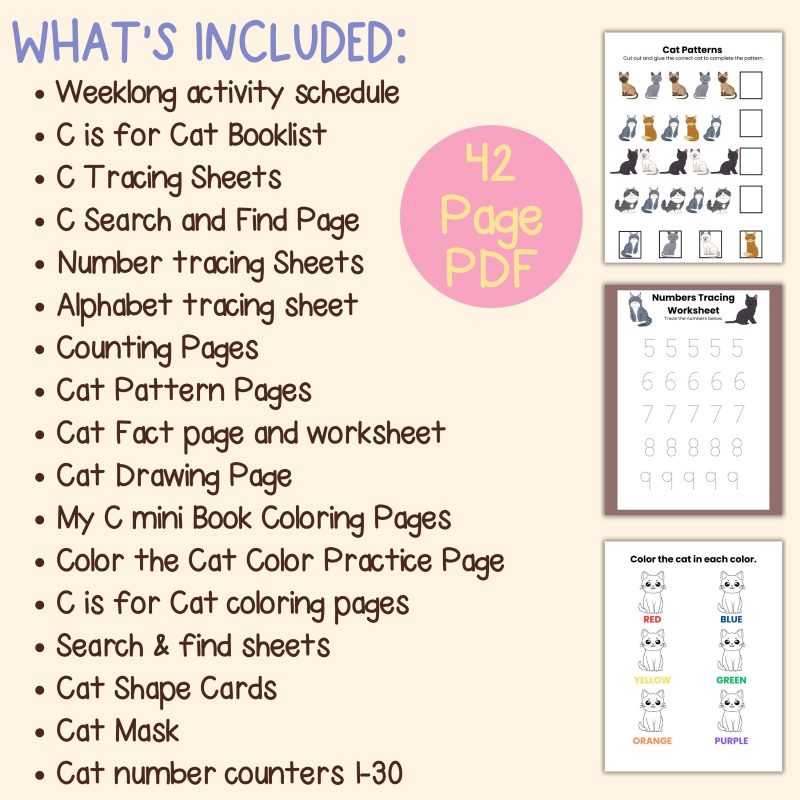 C is for Cat Preschool Activity Sheets Pre K Kindergarten Cat Theme Worksheets Learning Pack - Image 4