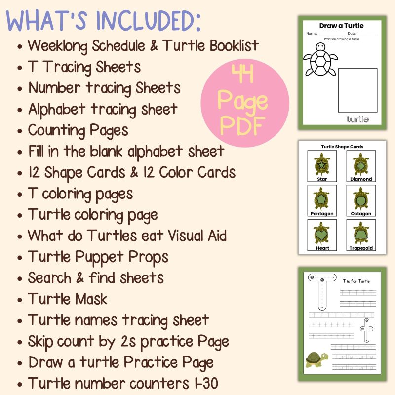 T is for Turtle Preschool Activity Sheets Bundle Letter T Turtle Unit Study Kindergarten Pre K - Image 4