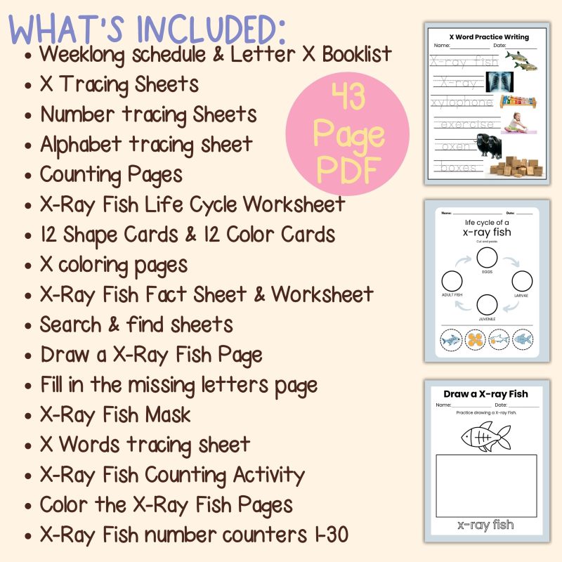 X is for X-Ray Fish Preschool Kindergarten Activity Sheets Bundle Letter X Week - Image 4