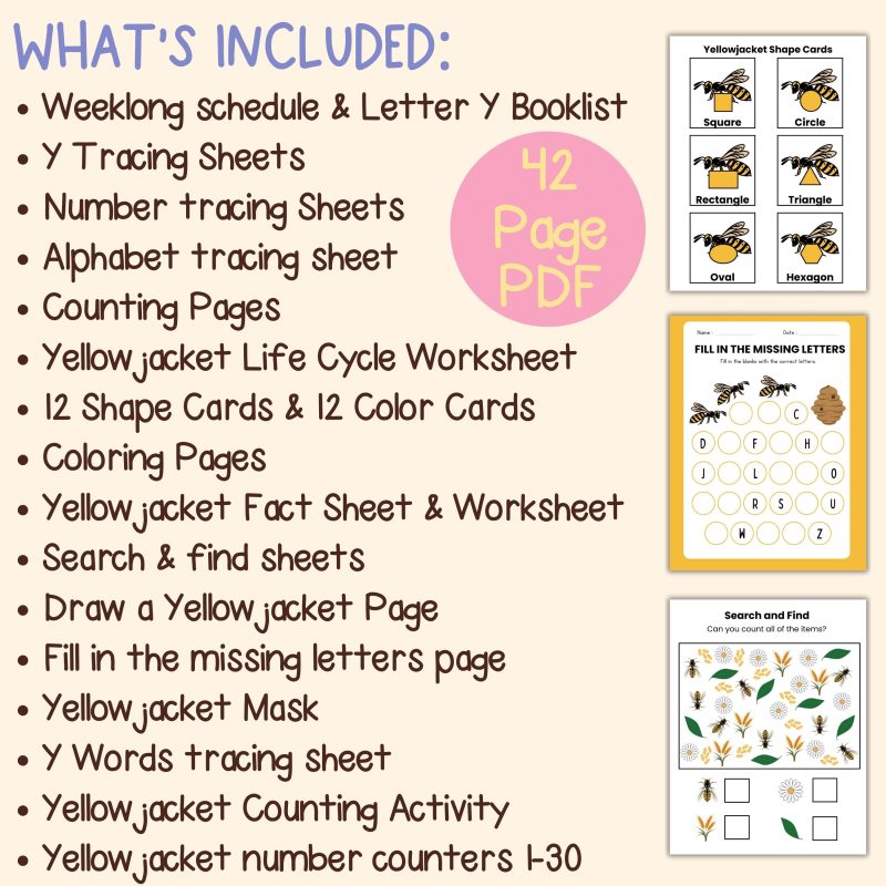 Y is for Yellowjacket Preschool Activity Sheet Bundle Pre-K Kindergarten Yellow Jacket Wasp Activity - Image 4