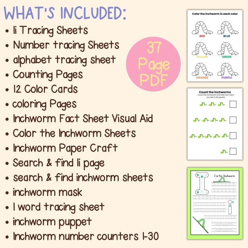 I is for Inchworm Preschool Activity Bundle Kindergarten Pre-K Worksheets - Image 4