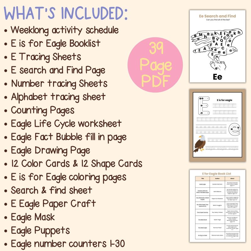 E is for Eagle Preschool Learning Pack Letter E Week Activities - Image 4