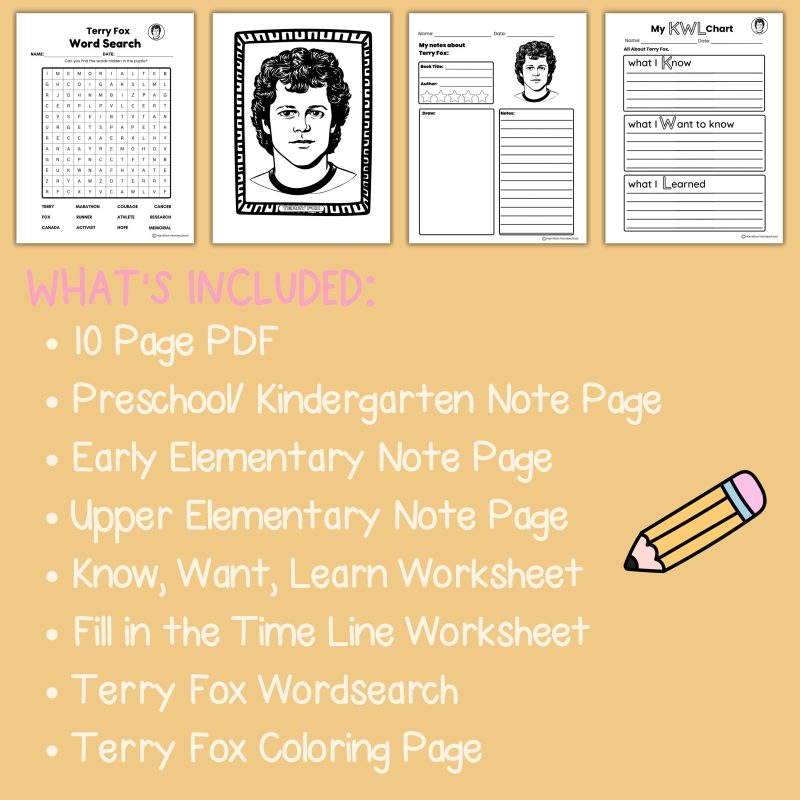 Terry Fox Note Pages and Worksheets Canadian Hero Terry Fox Day Coloring Page Word Search - Image 4
