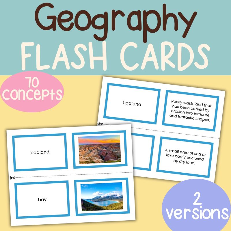 Geography Flashcards, 70 Landforms & Waterscapes (2 Versions)
