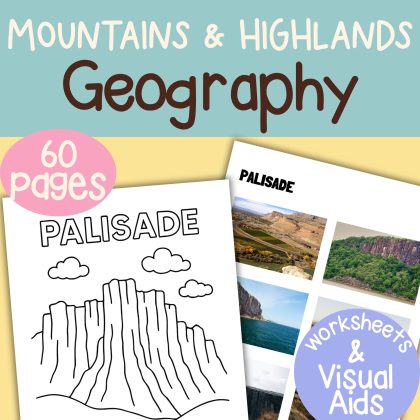 Mountain and Highlands Geography Bundle; 12 Landforms Worksheets, Visual Aids and Coloring Pages