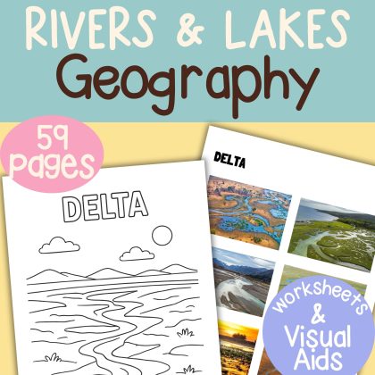 Rivers & Lakes Geography Bundle: Worksheets, Coloring Pages, Visual Aids & Flash Cards
