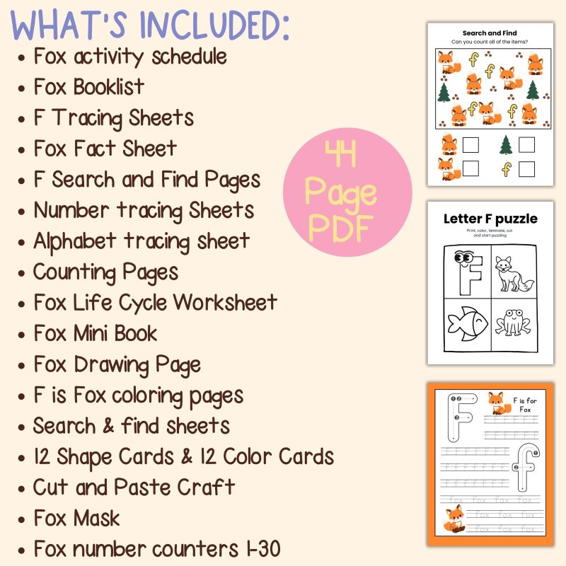 F is Fox Preschool Lesson Plan Worksheets and Activities - Image 4